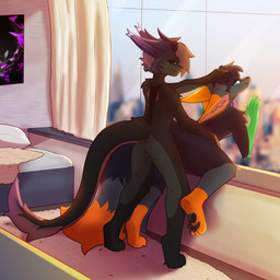 against_surface anthro anthro_on_anthro bed bedroom big_ears black_body black_fur blue_eyes brown_body butt collar duo feet female from_behind_position fur furniture grabbing grey_body grey_fur hair horn male male/male male_anthro male_on_anthro markings multicolored_body multicolored_tail nude orange_body orange_fur pawpads paws sex standing tail toes touching_hair tuft window neo_arts mythology jarosfox_(jarosfox) moart_(bratecdragon) canid canine canis dragon furred_dragon furred_scalie hybrid mammal mythological_creature mythological_scalie scalie wolf 1:1 absurd_res digital_media_(artwork) hi_res