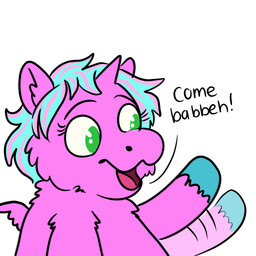 1_horn ambiguous_feral ambiguous_gender baby_talk blue_hair blue_hooves dialogue eyelashes feral fur gesture green_eyes hair hooves horn multicolored_hair open_mouth pink_body pink_fur pink_hair simple_background smile solo text two_tone_hair waving white_background wings squeegull fluffy_pony mythology equid equine fluffy_pony_(species) mammal mythological_creature mythological_equine winged_unicorn 1:1 2025 absurd_res comic digital_media_(artwork) english_text flat_colors hi_res