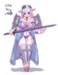 anthro armor big_breasts breasts clothed clothing exposure_variation female front_view fur headgear helmet hooves huge_breasts melee_weapon simple_background skimpy solo sword text weapon white_background ni_jikan bovid caprine domestic_sheep mammal sheep japanese_text signature