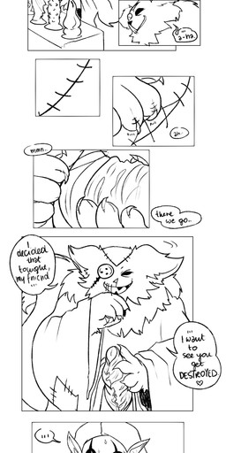ambiguous_gender anthro biped black_nose black_sclera dildo duo fur genitals humanoid_pointy_ears male penis plushie pointy_ears sewn_mouth sex_toy simple_background strapon teeth text tongue millerotic deltarune undertale_(series) jevil_(deltarune) seam_(deltarune) animate_inanimate darkner domestic_cat felid feline felis imp living_plushie mammal 2019 absurd_res comic digital_drawing_(artwork) digital_media_(artwork) hi_res monochrome