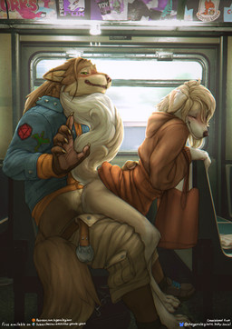 anthro anthro_on_anthro biped blonde_hair blush bottomwear bottomwear_down brown_body brown_fur brown_hair claws clothed clothing denim denim_clothing denim_jacket denim_topwear digitigrade duo ear_piercing eyes_closed female female_anthro finger_claws footwear from_behind_position fur green_eyes hair industrial_piercing jacket male male/female male_anthro multicolored_body multicolored_fur open_bottomwear open_clothing open_pants orange_clothing orange_sweater orange_topwear pants pants_down partially_clothed paws piercing public public_sex public_transportation sex shoes smile sweater tan_body tan_fur text toe_claws topwear the_gentle_giant johnathan_o'cain sammy_(sammypup) canid canine canis domestic_dog mammal wolf 2025 absurd_res digital_media_(artwork) english_text hi_res url