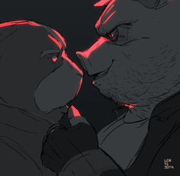 anthro backlighting clothing cupping_chin duo eye_contact facial_hair fingerless_gloves gloves handwear light looking_at_another male male/male mature_male mustache smile stubble lentejota nintendo star_fox star_fox_(2026) peppy_hare pigma_dengar domestic_pig hare lagomorph leporid mammal suid suine sus_(pig) hi_res lighting