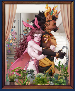 4_arms apron border clothing duo female gold_(metal) gold_jewelry hug hugging_another hugging_from_behind jewelry kitchen magnet male male/female maryci multi_arm multi_limb plant rykah_jackal transparent_border window marycitrus fototeta lanterne arthropod canid canine canis insect jackal lepidopteran mammal moth absurd_res alpha_channel hi_res