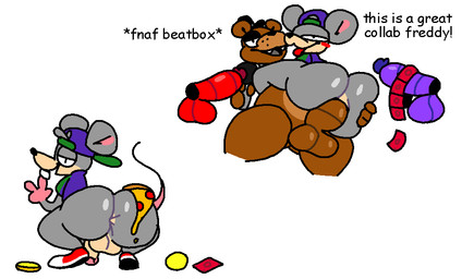 anthro big_butt big_penis black_outline bubble_butt butt coin fingers food genitals glistening glistening_body glistening_butt group machine male male/male mascot outline penis pizza presenting presenting_hindquarters rear_view tail text ticket wide_hips superiorfox chuck_e._cheese's_pizzeria five_nights_at_freddy's scottgames bonnie_(fnaf) charles_entertainment_cheese foxy_(fnaf) freddy_(fnaf) bear canid canine fox house_mouse lagomorph leporid mammal mouse murid murine rabbit robot rodent 2022