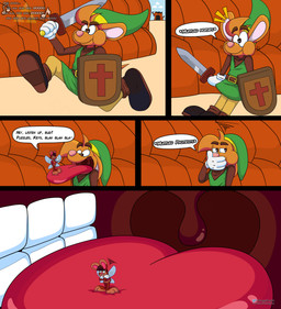 3_toes 4_fingers anthro big_tongue boots bottomwear cartoon_gloves cheek_bulge clothing duo eyebrows eyewear feet fingers footwear glasses hat headgear headwear long_tongue macro male male/male mawplay melee_weapon micro open_mouth pants red_tongue shield shirt shoes size_difference soft_vore sword text toes tongue tongue_out toony topwear tunic undershirt uvula vore weapon wide_tongue doggydog doggydog_(character) roderick_(tamerkoh) toon_doggydog_(doggydog) canid canine canis domestic_dog lagomorph leporid mammal rabbit absurd_res comic english_text hi_res