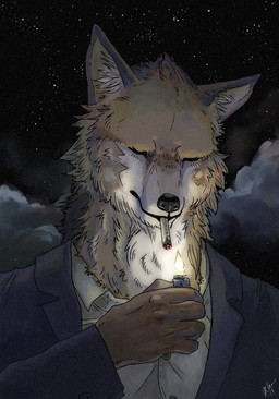 anthro black_nose cigarette clothing cloud light lighter male night outside shirt sky smoking solo star suit topwear drkchaos typewriter_emergencies canid canine canis mammal wolf 2017 cover_art hi_res lighting