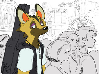 anthro black_nose city cityscape clothed clothing eyewear fur glasses hair multicolored_body multicolored_fur narrowed_eyes purple_eyelids topwear yellow_body yellow_fur dahecksajerry animal_crossing nintendo kyle_(animal_crossing) canid canine canis human mammal wolf 4:3