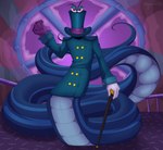 apode belly_scales cane clothed clothing coat facial_hair gloves handwear hat headgear headwear legless male mustache railing scales serpentine solo split_form tail top_hat topwear rapscalion moshi_monsters dr._strangeglove draconcopode lamia monster_(moshi_monsters) reptile scalie snake cool_colors