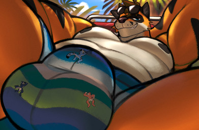 anthro areola biped black_stripes blue_eyes bulge clothing detailed_bulge extreme_size_difference eyewear eyewear_on_head group macro macro_anthro macro_male male male_anthro micro micro_anthro micro_male nipples orange_body pattern_clothing pattern_swimwear size_difference striped_body striped_clothing striped_swimwear stripes sunglasses sunglasses_on_head swimwear wearing_sunglasses rygel_spkb haraak canid canine fox mammal hi_res