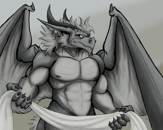 2_horns 5_fingers abs anthro arm_spikes biceps claws curved_horn fangs fingers hair holding_cloth horn male membrane_(anatomy) membranous_wings muscular muscular_anthro muscular_arms muscular_male nipple_piercing nipples pecs piercing serious shoulder_spikes simple_background solo spikes spikes_(anatomy) teeth wings elhaz mythology dragon mythological_creature mythological_scalie scalie digital_media_(artwork) greyscale hi_res monochrome