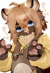 4_fingers ahoge anthro biped blue_eyes blue_pupils brown_body brown_claws brown_clothing brown_ears brown_fur brown_hair brown_inner_ear brown_nose brown_overalls chest_tuft claws clothed clothing cute_fangs dipstick_ears ear_markings fangs finger_claws fingers fluffy front_view fully_clothed fur glistening glistening_eyes glistening_hair glistening_pawpads hair handpaw inner_ear_fluff kemono looking_at_viewer male monotone_hair multicolored_body multicolored_ears multicolored_fur open_mouth open_smile overalls pawpads paws pink_pawpads pupils shirt short_hair simple_background smile solo sound_effects standing tan_inner_ear_fluff teeth text three-quarter_view tongue topwear tuft two_tone_body two_tone_ears two_tone_fur white_background yellow_clothing yellow_shirt yellow_topwear young young_anthro young_male mofuaki canid canine mammal raccoon_dog tanuki 2023 colored digital_media_(artwork) half-length_portrait japanese_text portrait shaded translated