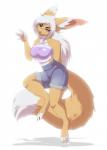 anthro blue_eyes bottomwear clothed clothing denim denim_bottomwear denim_clothing denim_shorts dipstick_tail female fluffy fluffy_tail fur gesture hair heart_symbol heterochromia long_hair markings midriff multicolored_tail paws piercing pink_nose shorts simple_background solo tail tail_markings tan_body tan_fur waving white_background white_hair white_tail_tip yellow_eyes lawkie rose_dandy-ba canid canine fennec_fox fox mammal mink mustelid musteline true_fox true_musteline hi_res