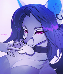 anthro clothed clothing collar ear_piercing ear_ring eyelashes female hair inner_ear_fluff long_hair mouth_closed narrowed_eyes object_in_mouth piercing pink_eyes ring_piercing simple_background solo text topwear tuft white_background unknowhiter canid canine fox mammal 2024 artist_name blue_theme bust_portrait dated hi_res portrait