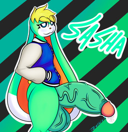 anthro balls big_balls big_ears big_penis black_background blonde_hair blue_clothing blue_eyes blue_jacket blue_topwear bottomless butt button_(fastener) clothed clothing genitals green_background green_balls green_body green_penis hair half-erect hand_in_pocket huge_penis hyper hyper_genitalia hyper_penis jacket long_ears looking_at_viewer male pattern_background penis pink_nose pockets short_tail simple_background smile solo striped_background tail text topwear yellow_tail destiny's_art animal_crossing nintendo sasha_(animal_crossing) humanoid lagomorph leporid mammal rabbit absurd_res character_name digital_media_(artwork) hi_res portrait signature three-quarter_portrait