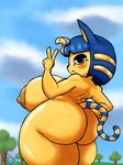 anthro areola big_areola big_breasts big_butt big_nipples blue_hair blue_markings breasts butt butt_focus detailed_background female fur gesture gold_(metal) hair hand_gesture huge_areola huge_breasts huge_butt huge_nipples markings nipples nude_anthro rear_view ring_(marking) ringed_tail short_stack solo striped_markings striped_tail stripes tail tail_markings uraeus v_sign yellow_body yellow_fur yellow_markings dus duskizi animal_crossing nintendo ankha_(animal_crossing) domestic_cat felid feline felis mammal 3:4 absurd_res hi_res