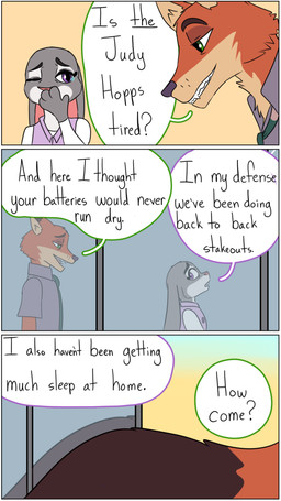 anthro building dialogue duo female inviting male necktie speech_bubble sunset text tired hahstudios disney zootopia judy_hopps nick_wilde canid canine european_rabbit fox lagomorph leporid mammal oryctolagus rabbit red_fox true_fox comic english_text