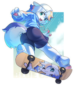 anthro backwards_baseball_cap backwards_hat baseball_cap black_nose blue_body blue_fur bottomwear bubble_butt butt claws clothed clothing cute_fangs fangs feet finger_claws floppy_ears fluffy fluffy_tail fur furgonomic_bottomwear furgonomics gesture green_eyes hand_gesture hat headgear headwear hoodie kemono low-angle_view male pawpads paws shorts skateboard skateboarding solo tail teeth topwear v_sign vehicle young young_anthro young_male xiao_langao canid canine canis domestic_dog mammal absurd_res hi_res