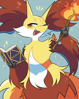 ambiguous_anthro ambiguous_gender anthro biped blush book elemental_manipulation emanata fire fire_manipulation front_view holding_book holding_object holding_stick looking_at_viewer open_:3 open_mouth open_smile simple_background smile snout solo sparkles standing stick thatsquirrelly nintendo pokemon canid delphox generation_6_pokemon mammal pokemon_(species) 2026 4:5 aliasing binary_drawing digital_drawing_(artwork) digital_media_(artwork) english_description half-length_portrait hi_res portrait signature