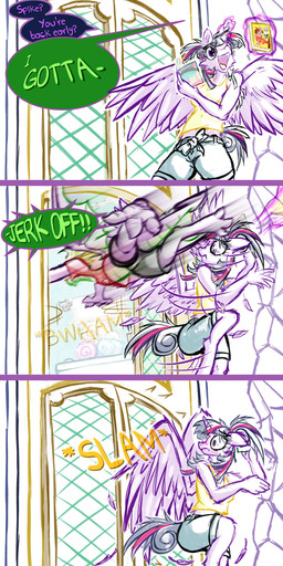 3_toes aged_up anthro barefoot bathroom blush claws confusion dialogue digitigrade door_slam feathers feet finger_claws flinch flying horn interrobang magic pent_up soles spread_toes surprised telekinesis toe_claws toes wings yelling frist44 dandadan friendship_is_magic hasbro my_little_pony mythology spike_(mlp) twilight_sparkle_(mlp) dragon equid equine mammal mythological_creature mythological_equine mythological_scalie scalie winged_unicorn absurd_res comic hi_res