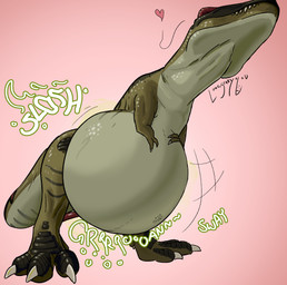 after_vore belly big_belly black_stripes claws feral feral_pred green_body green_legs green_tail heart_symbol pink_background rumbling_stomach same_size_vore simple_background stripes tail text vore white_claws longscary tank_(longscary) dinosaur prehistoric_species reptile saurischian scalie theropod tyrannosauroid 2026 english_text