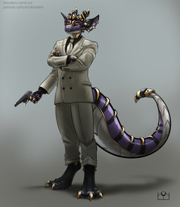 abstract_background anthro business_suit clothing gun holding_object holding_weapon looking_at_viewer male ranged_weapon solo suit suit_and_tie tail thick_tail three-quarter_view weapon errokioslem kobold scalie full-length_portrait hi_res portrait