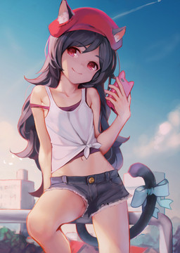 accessory black_hair bottomwear bow_(feature) bow_accessory bow_ribbon cellphone clothed clothing denim denim_bottomwear denim_clothing denim_shorts electronics female furgonomics hair hat headgear headwear holding_object navel off_shoulder outside phone public ribbons shirt shorts sky smile solo tail tail_accessory tail_bow tail_ribbon tank_top topwear ataruman animal_humanoid cat_humanoid felid felid_humanoid feline feline_humanoid humanoid mammal mammal_humanoid 2018 hi_res