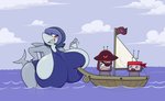 anthro big_breasts blue_clothing boat breasts clothing female grey_body group hair huge_breasts outside red_eyes sea simple_background sky swimwear vehicle water watercraft vendant fish marine shark 2018 hi_res