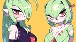 breasts clothed clothing collarbone duo female green_hair hair iris looking_at_viewer pupils red_eyes red_tongue tongue white_body white_skin drunk_oak nintendo pokemon gardevoir generation_3_pokemon pokemon_(species) 16:9 hi_res widescreen