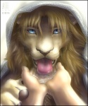 anthro blue_eyes brown_hair claws desert digitigrade drinking duo first_person_view fur hair lapping looking_at_viewer male mane simple_background solo_focus tongue water whiskers zenthetiger felid human lion mammal pantherine 2010 5:6 bust_portrait colored portrait