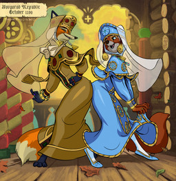 3_toes 4_fingers anthro armband autumn autumn_leaves barefoot blue_clothing blue_dress blue_slippers bracelet building butt_bump clothed clothing cloud dancing day detailed_background digit_ring dress duo eyes_closed feet female fingers folk_clothes footwear gold_dress hand_on_hip hat headdress headgear headwear inside jewelry joyful kokoshnik leaf married married_woman medieval_architecture no_shoes noblewoman novgorad_republic open_mouth outside paintbrush_tail regalia ring shoeless shoes silly slavic_vernacular_architecture slippers standing tail text toes traditional_dress wedding_ring sir_paulus disney robin_hood_(disney) lisabeth_(lord_paulus) maid_marian canid canine fox mammal english_text hi_res
