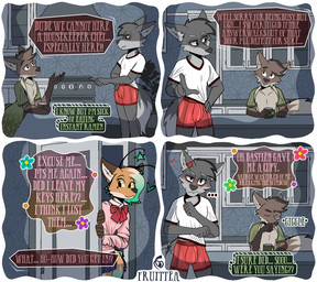 4_panel_comic 5_fingers accessory antennae_(anatomy) anthro appliance bare_chest blue_bottomwear blue_clothing blue_skirt blush bottomwear bow_tie boxers_(clothing) brown_body brown_eyebrows brown_fur cabinet cheek_markings clothed clothing container cross-popping_vein cup dialogue dipstick_ears dipstick_tail door ear_markings ear_scar ear_tunnel embarrassed eye_scar eyebrows facial_markings facial_scar femboy fingers flower fur giggle gloves_(marking) green_clothing green_hair green_robe green_shirt green_topwear grey_body grey_eyebrows grey_fur grey_inner_ear_fluff group hair head_markings head_tuft heart_symbol inner_ear_fluff kitchen kitchen_appliance male markings mug multicolored_body multicolored_ears multicolored_fur open_clothing open_robe orange_body orange_fur oven pink_blouse plant pupils red_bow_tie red_clothing red_underwear robe scar shirt skirt slit_pupils smile standing star tail tail_markings talking_to_another text topwear tremble_lines trio tuft underwear white_clothing white_sclera white_shirt white_topwear yellow_sclera fruittea azazel_(fruittea) bastien_(fruittea) seraph_(fruittea) canid canine canis fox mammal wolf 2026 absurd_res artist_name colored comic digital_drawing_(artwork) digital_media_(artwork) english_text hi_res signature
