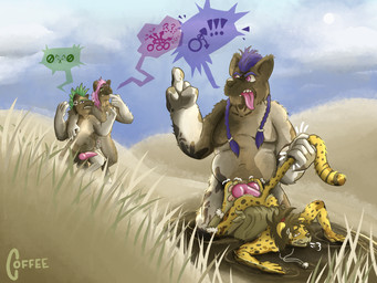 anal anal_penetration angry anthro braided_hair clothed clothing dialogue from_behind_position front_view gender_symbol genitals gesture grass group hair hand_gesture knot knotted_penis male male/male male_symbol male_symbol_penetration middle_finger mud outside outside_sex partially_clothed pawpads paws penetration penis plant savanna sex sky speech_bubble symbol tail tail_pull tongue tongue_out coffee_(artist) coffeebynight african_wild_dog canid canine cheetah felid feline mammal 4:3 absurd_res hi_res