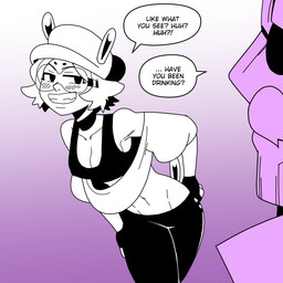 anthro blush bottomwear bra breasts cleavage clothed clothing dialogue drunk duo female male pants seductive smile solo_focus substance_intoxication sweatpants text underwear gats sundowner_quest gordon_sundowner suzu_(gats) 1:1 english_text