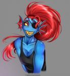 2016 anthro black_eyes blue_body blue_scales breasts clothed clothing doomthewolf english_text eye_patch eyewear female fin fish gills grey_background hair hi_res long_hair looking_at_viewer marine non-mammal_breasts ponytail red_hair scales sharp_teeth shirt simple_background smile solo tank_top teeth text topwear undertale undertale_(series) undyne url yellow_sclera