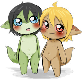 anthro balls black_hair blonde_hair blush breasts brown_body chibi countershading duo female flaccid flat_chested genitals green_body hair innie_vulva loli looking_at_viewer male nipples nude penis shota simple_background small_breasts small_penis standing vulva young young_anthro young_female doneru clive_(doneru) tany_(doneru) bamfear sketch adult_(lore)