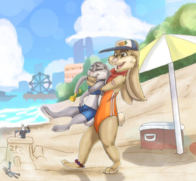action_figure amusement_ride anthro beach beach_umbrella buckteeth building clothing cloud cooler duo eyes_closed female ferris_wheel fur grey_body grey_fur hat headgear headwear parasol plant sand sand_castle sculpture seaside sky swimwear teeth toy tree water yellow_body yellow_fur young young_anthro xtrent968 disney zootopia fan_character holly_hopps judy_hopps lagomorph leporid mammal rabbit 2019 digital_media_(artwork)