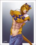 5_fingers abs anthro blonde_hair blue_body blue_fur blue_hair blue_nose bottomwear clothing denim denim_bottomwear denim_clothing eyebrows fingerpads fingers fur genitals hair jeans male mane multicolored_hair muscular muscular_anthro muscular_male orange_eyes pants pawpads penis penis_base shirt simple_background smile solo standing tan_body tan_fur topwear two_tone_hair undressing yellow_body yellow_fur feralise dexterlion felid lion mammal pantherine 2017