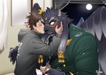 anthro black_body black_fur blush bodily_fluids broken_window brown_hair duo eyes_closed fur hair heart_symbol kissing kissing_cheek male male/male sweat tie_grab chuurow lifewonders tokyo_afterschool_summoners protagonist_(tas) tezcatlipoca_(tas) twink_protagonist_(tas) felid human mammal pantherine absurd_res hi_res