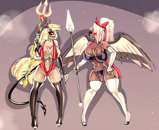 1_eye areola big_breasts black_body black_feathers blonde_hair bow_ribbon breasts claws clothed clothing duo feathers female grey_body grey_feathers hair holding_object holding_weapon horn huge_breasts melee_weapon open_mouth open_smile partially_clothed polearm red_sclera smile spear standing tail teeth thick_thighs weapon white_body white_feathers white_hair wings yellow_eyes bitterrbunz hazbin_hotel hellaverse charlie_morningstar vaggi_(hazbin_hotel) angel angel_humanoid demon demon_humanoid humanoid hi_res