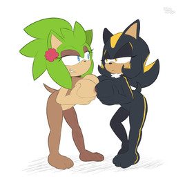 angry anthro big_breasts black_body black_fur blue_eyes breast_grab breast_squish breasts breasts_frottage duo ear_piercing female fur green_body hand_on_breast narrowed_eyes nipple_frottage nipples nude nude_female piercing simple_background squish tail tan_body white_background yellow_eyes bingbingo sega sonic_the_hedgehog_(series) fan_character umbra_the_hedgehog eulipotyphlan hedgehog mammal hi_res