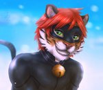 anthro bell bell_collar clothing collar cosplay countershading green_eyes hair male mask red_hair skinsuit smile solo tight_clothing zenthetiger miraculous_ladybug cat_noir joshua_(zenthetiger) felid mammal pantherine tiger