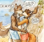 2024 akatan_art anthro beach biped blue_bottomwear blue_clothing blue_shorts blush bottomwear bulge canid canine canis clothing collar duo fox hi_res kiss_on_lips kissing male male/male mammal neck_tuft painting_(artwork) red_bottomwear red_clothing red_fox red_shorts romantic romantic_couple shorts skinny slim_male tail thoughts topwear traditional_media_(artwork) true_fox tuft vest watercolor_(artwork) wolf wristband