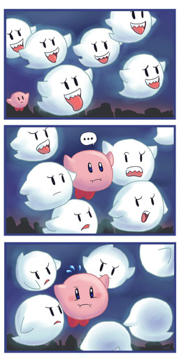 ambiguous_gender blue_eyes ellipsis group not_furry open_mouth tongue tongue_out unknown_artist kirby_(series) mario_bros nintendo kirby boo_(mario) ghost spirit waddling_head crossover hi_res