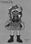 big_nipples boots breasts clothing crop_top female footwear looking_at_viewer nipples shirt shoes tentacles text topwear zipper sonomatic nintendo splatoon marina_(splatoon) off_the_hook_(splatoon) cephalopod marine mollusk octarian octoling absurd_res english_text hi_res monochrome signature