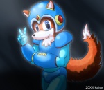 anthro armor biped black_background blue_body blue_eyes blue_skin clothing dipstick_tail forehead_gem front_view fur gem gesture gradient_background hand_gesture headgear helmet looking_at_viewer male markings multicolored_tail orange_body orange_fur simple_background solo standing suit tail tail_markings two_tone_tail v_sign white_markings white_tail_tip kaive capcom mega_man_(series) mega_man_x_(series) mega_man_x_(character) canid canine fox mammal digital_media_(artwork) low_res portrait three-quarter_portrait