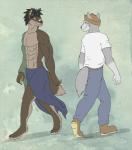 2012 abs anthro barefoot belt boots bottomwear brown_body brown_fur brown_hair canid canine canis claws clothed clothing digital_media_(artwork) duo feet footwear fur grey_body grey_fur grin hair hat headgear headwear male male/male mammal pants shirt smile smirk topwear valentinapaz walking wolf