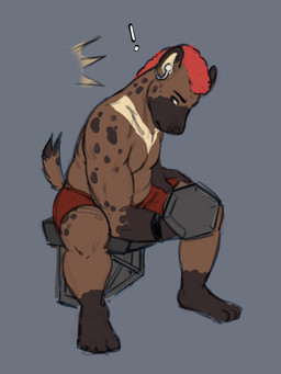 anthro brown_body brown_fur clothed clothing crescent_moon earbuds electronics exercise feet frohawk fur hair headphones male markings moon musclegut muscular muscular_male red_hair simple_background solo spots spotted_body spotted_fur topless workout workout_clothing workout_equipment wristband cryptidcoyote mr.hakkai bear hybrid hyena mammal 3:4 digital_media_(artwork) hi_res