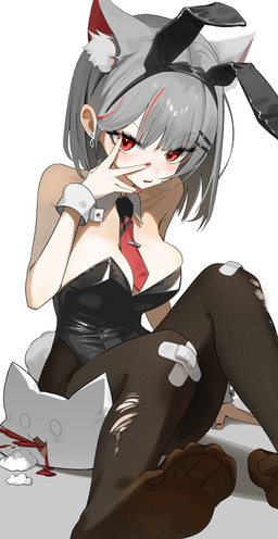 accessory animal_ears band-aid bandage bent_legs black_clothing black_legwear black_pantyhose blood blood_in_mouth blush bodily_fluids breasts bunny_costume clothing colored_nails costume cotton cotton_tail ear_piercing ear_ring fake_ears fake_rabbit_ears feet_outline female fluffy_ears grey_hair hair hair_accessory hair_between_eyes highlights_(coloring) legwear looking_at_viewer medium_breasts nails necktie no_shoes open_mouth pantyhose piercing red_eyes red_nails red_necktie ring_piercing simple_background sitting_on_another teardrop tears white_background uemaroo stellive vtuber maro_(neneko_mashiro) neneko_mashiro animal_humanoid cat_humanoid felid felid_humanoid feline feline_humanoid humanoid mammal mammal_humanoid absurd_res hi_res