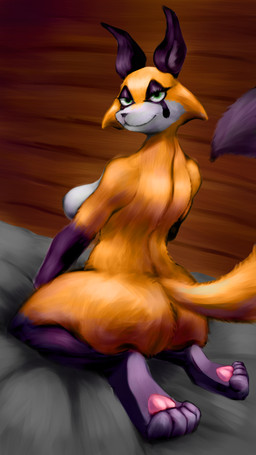 anthro bedroom_eyes big_breasts big_butt breasts butt curvy_figure eyelashes female fur glistening glistening_body glistening_fur green_eyes huge_butt narrowed_eyes orange_body orange_fur seductive sitting solo thick_thighs voluptuous_female 2ndcomingofchamba animal_humanoid canid canid_humanoid canine canine_humanoid fox fox_humanoid humanoid mammal mammal_humanoid 9:16 hi_res
