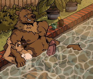 alcohol anthro balls beverage bodily_fluids clothing cocktail cuddling duo erection eye_contact genitals humanoid_genitalia humanoid_penis interspecies light looking_at_another male male/male muscular navel nipples nude outside pecs penis size_difference spread_legs spreading sun sunlight sweat swimming swimming_pool underwear water wet daigored bear canid canine hyena mammal